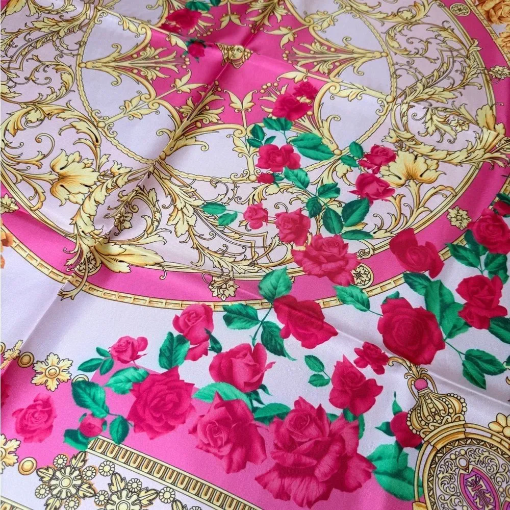 NEW IN BOX ✨ VERSACE SILK TWILL Medusa Hot Pink Roses & Gold Large Scarf